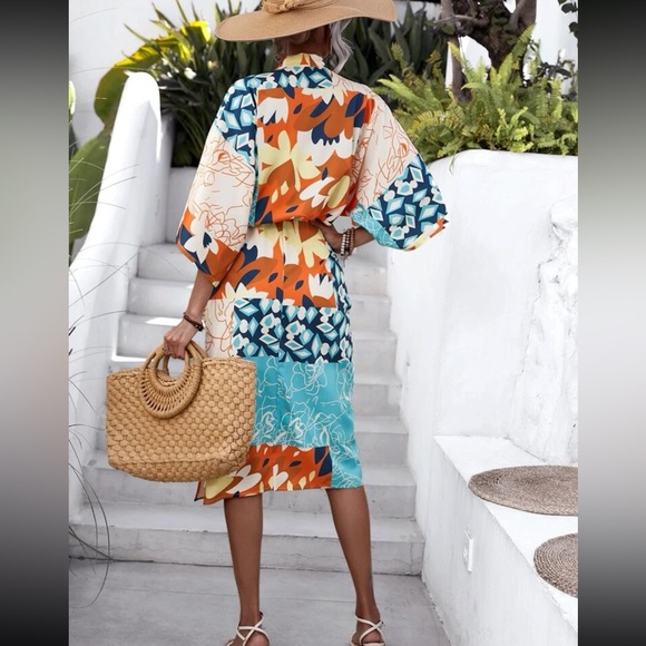 Boho floral print batwing sleeve slit thigh one dress - Picture 2 of 6